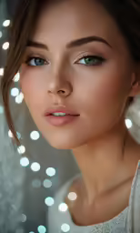 a young lady is posing for the camera with lights behind her