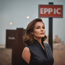 an image of woman looking into distance near a sign