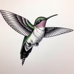 a hummingbird with a white, pink and green wing,this tattoo is very colorful, detailed and looks like hummingbirds