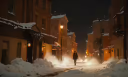 person walking on city street in snow at night