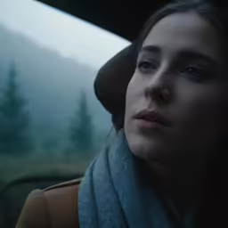 a beautiful woman in a scarf and dress looks out a car window