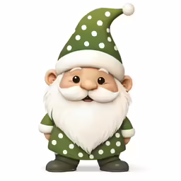 a green and white gnome wearing green polka dot print
