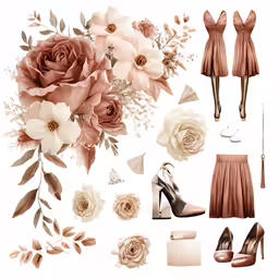 various flower decorations and shoes, including a bouquet of flowers