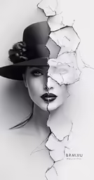 a woman wearing black with a hat torn in half