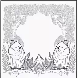 two foxes standing in the middle of a forest surrounded by plants