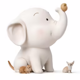 an elephant and two kittens standing on white