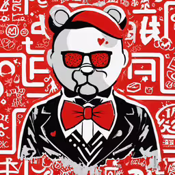 a panda bear in glasses and a tie,a painting depicting a panda bear wearing red glasses and red bow tie