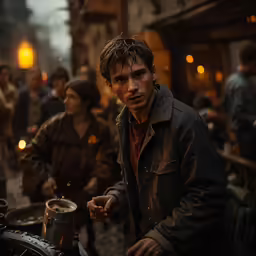 a man with a leather jacket on standing next to a bike