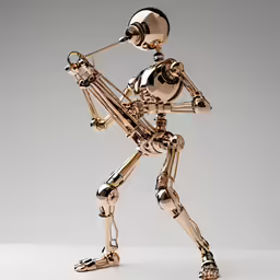 a metal robot is standing upright, holding a wine bottle
