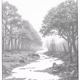 an old image of a stream running through a forest