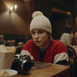 a woman with a white hat sitting at a table with a camera
