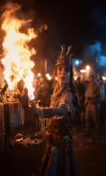 a man in armor holds fire as others stand outside
