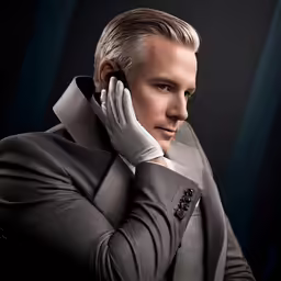 a man wearing a suit is talking on a cellphone