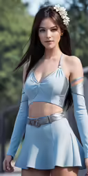 a beautiful young woman in a short blue skirt