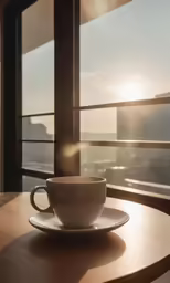 a cup and saucer sitting on top of a wooden table