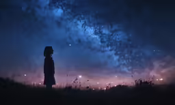 a woman stands in a field looking at the night sky