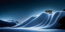 a dark snowy landscape has mountains and a pagoda on it