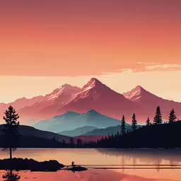 a view of the mountains with water in front,an artist