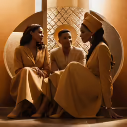 three people wearing mustard colored outfits sit on the ground
