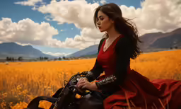 the woman is sitting on a motorcycle outside in a field
