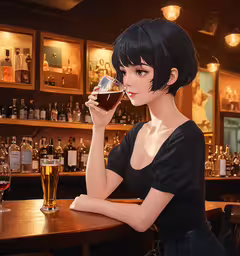 a lady sitting at a bar with a glass of wine,an animated woman sitting at a bar drinking
