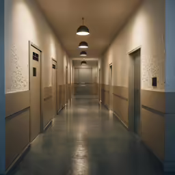 a corridor with multiple elevators and a long hallway