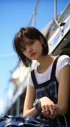 young asian girl sitting with a watch on her hand,an asian girl sitting down outside of a building