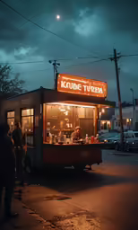 an old style food truck is stopped by the side of the road at night