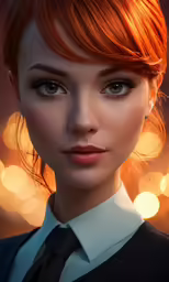 an orange haired woman in a black tie and white shirt