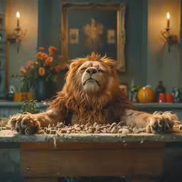 an angry looking lion sitting at a table with eyes open