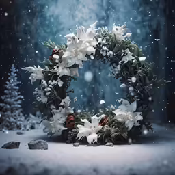 a wreath of flowers sit in the snow