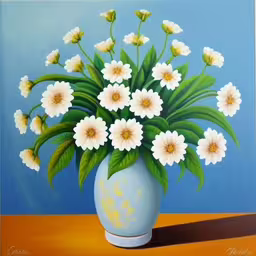 a painting of white flowers in a blue vase,painting of an arrangement of white and yellow flowers