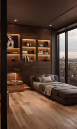 modern style living room with large window overlooking city