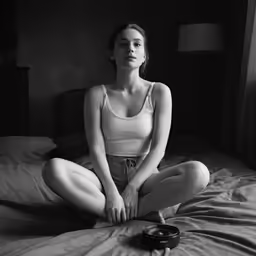 a woman sitting on a bed with her hands on the stomach