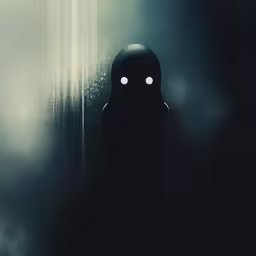 a dark room with two eyes glowing in it