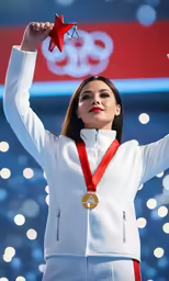 a woman standing on stage holding her medal