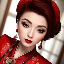 a young woman wearing red hair, a necklace, and earrings
