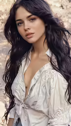 an attractive young lady poses with long brown hair