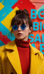 a woman wearing a yellow coat with blue sunglasses and a red turtle neck sweater