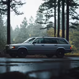 an old car sitting next to some trees