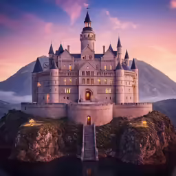 an image of a castle perched on a mountain cliff at night