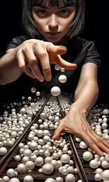 a girl points at some balls on a train track