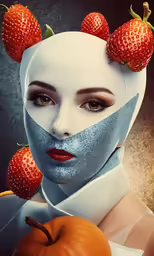 a woman with fruit on her head in the image