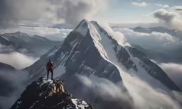 a man stands on top of a mountain looking over clouds and mountains
