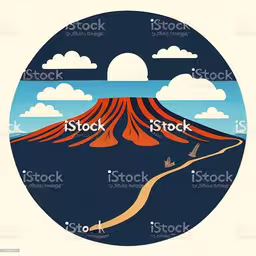 a volcano with clouds, a bird and water,the view of a mountain with clouds, an orange volcano, and a bird flying in the