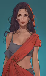 a girl in a red scarf with dark hair