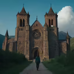 the person is walking towards the church on the dirt road