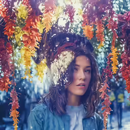 a woman standing under a tree with orange flowers