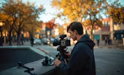 young man recording on the camera in the city