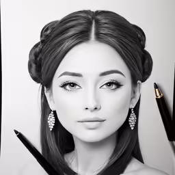 an asian woman with long dark hair and bright makeup is shown with a gold pen and black makeup